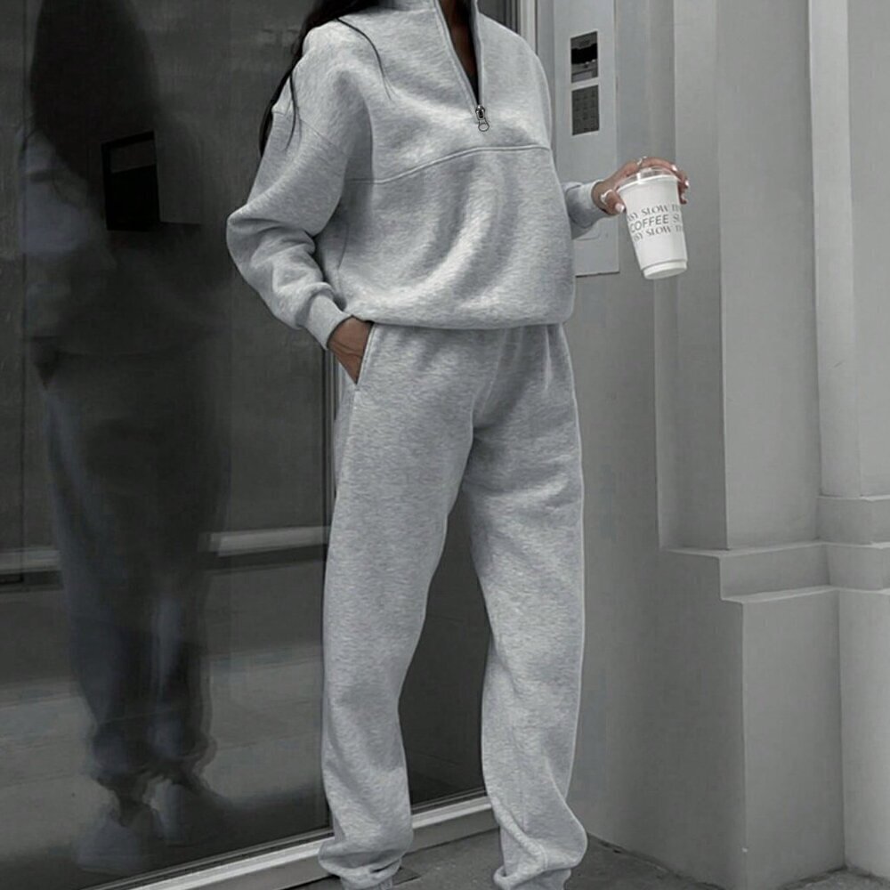 Grey Casual Women's Half Zipper Hoodie And Jogger Pants Two Piece Set